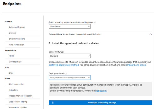 Screenshot che mostra MDE schermata di onboarding per usare Ansible.