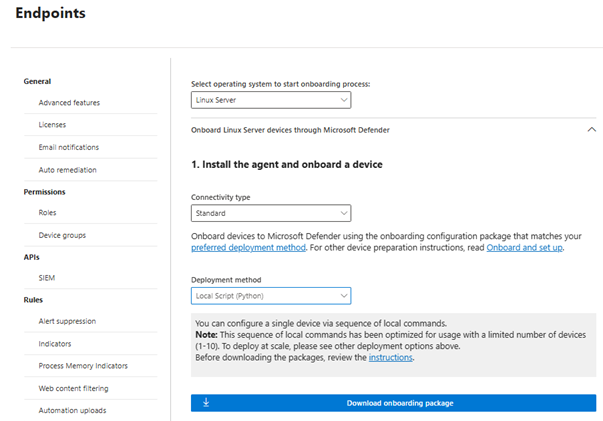 Screenshot che mostra MDE l'onboarding tramite script del programma di installazione.