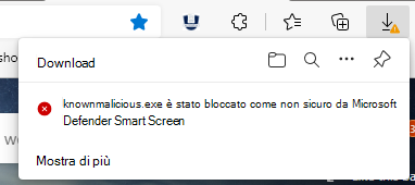 Screenshot che mostra come SmartScreen rileva un download di file con una reputazione non sicura; il download è bloccato.