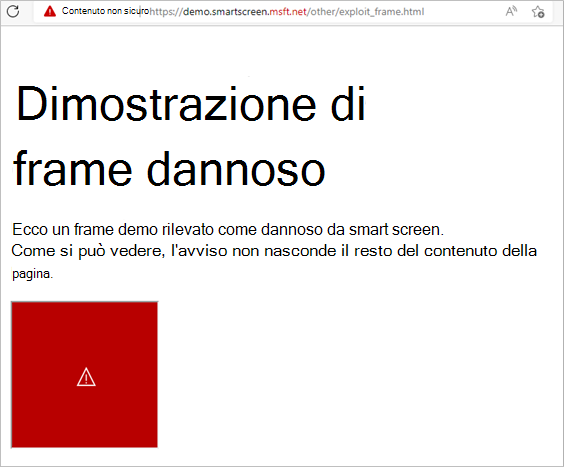 Dimostrazione del modo in cui SmartScreen risponde a un frame in una pagina rilevata come dannosa. Solo il frame dannoso è bloccato