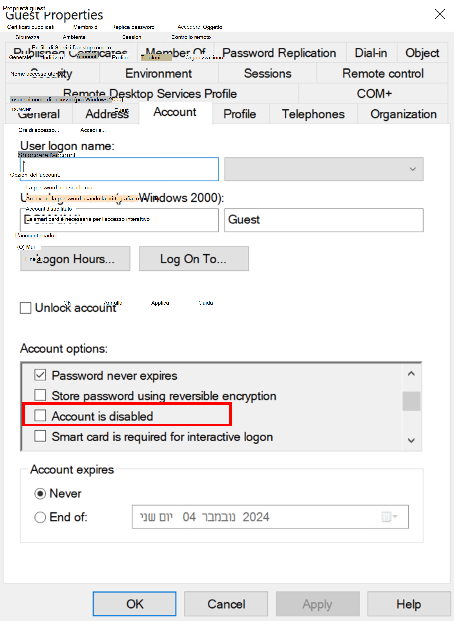 Screenshot che mostra l'account guest in Active Directory.