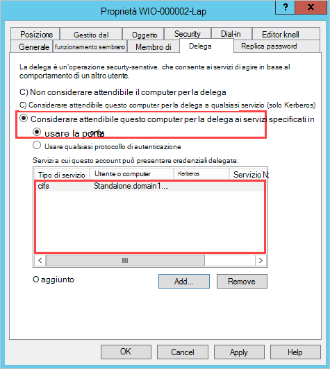 Correzione della delega Kerberos non vincolata.