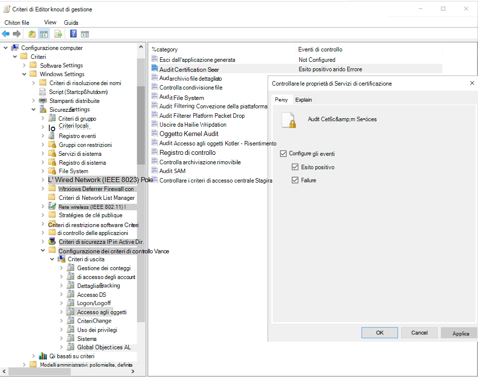 Screenshot of configuring audit events for Active Directory Certificate Services in the Group Policy Management Editor.