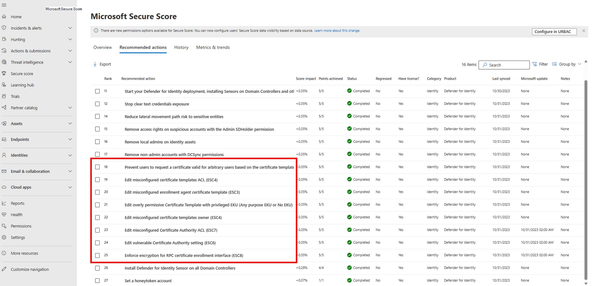 Screenshot delle nuove valutazioni del comportamento di sicurezza di Servizi certificati Active Directory.