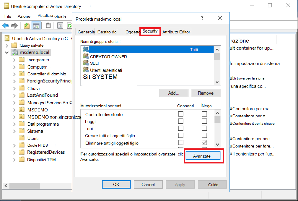 Screenshot of the dialog for opening advanced security properties.