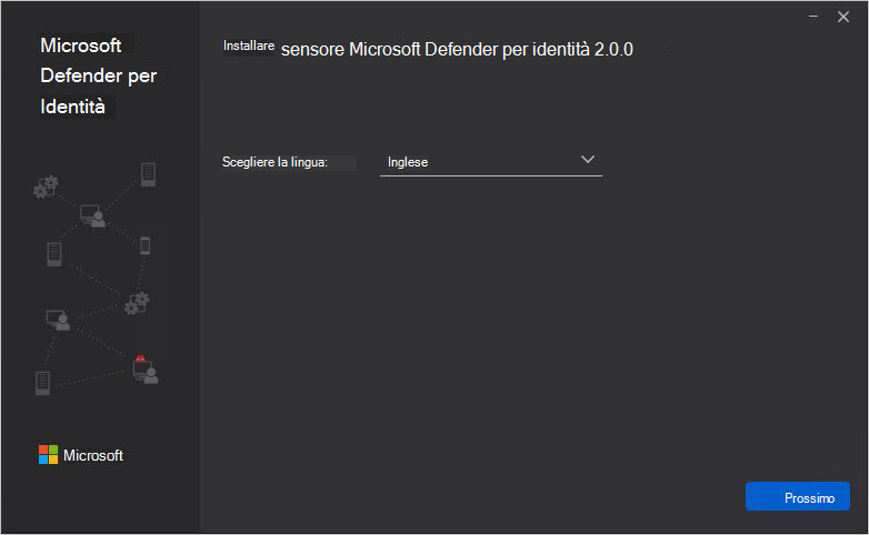 Screenshot che mostra la selezione del linguaggio di installazione autonomo del sensore defender per identità.