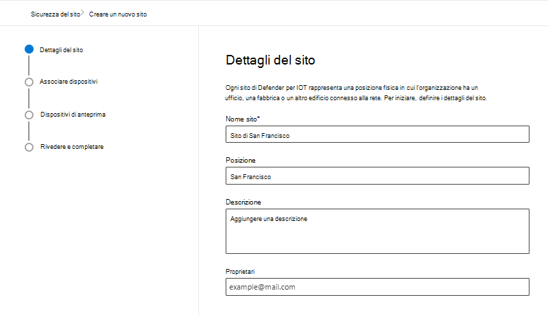 Screenshot che mostra i dettagli per la creazione di un nuovo sito nella pagina Sicurezza del sito di Microsoft Defender per IoT nel portale di Microsoft Defender.