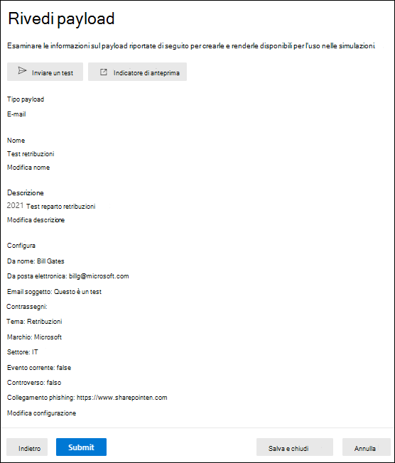 Pagina Rivedi payload in Formazione con simulazione degli attacchi nel portale di Microsoft Defender