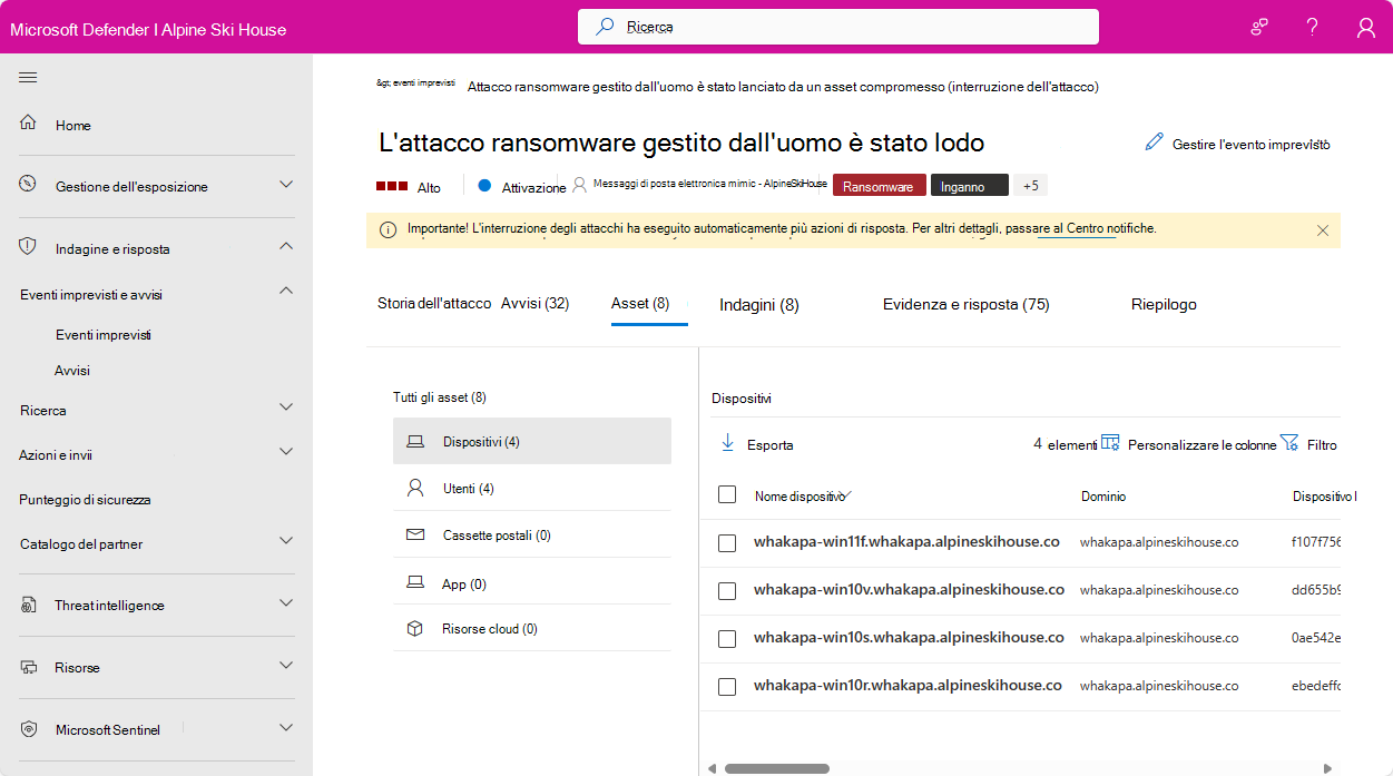 Screenshot della pagina Utenti per un evento imprevisto nel portale di Microsoft Defender.