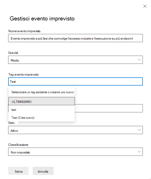 Screenshot che mostra come creare un tag di evento imprevisto nel riquadro Gestisci eventi imprevisti.