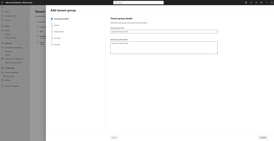 Screenshot della creazione guidata del gruppo di tenant.