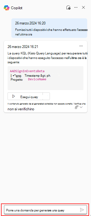 Screenshot che mostra la barra dei prompt nel Security Copilot per la ricerca avanzata.