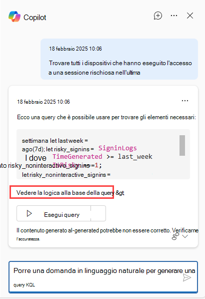 Screenshot del pulsante Copilot che mostra La logica dietro la query.