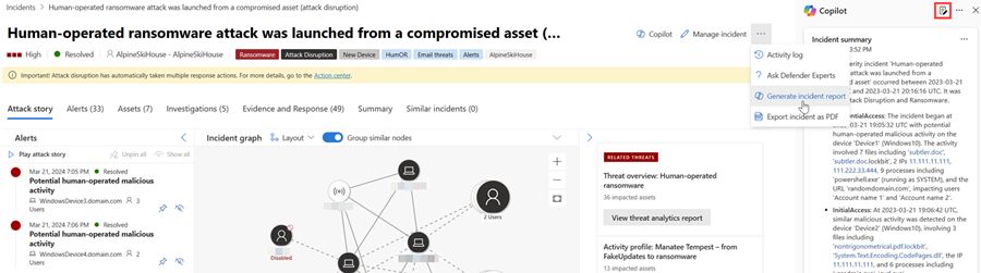 Screenshot che evidenzia i pulsanti del report degli incidenti generati e dell'icona del report nella pagina dell'incidente.