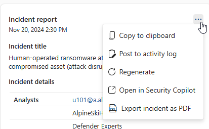 Screenshot delle azioni aggiuntive nella scheda dei risultati del report degli incidenti.