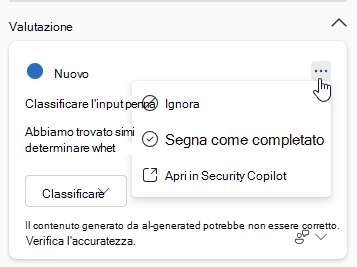 Screenshot che mostra le opzioni disponibili per gli utenti in una scheda di risposta guidata nel pannello laterale Copilot.