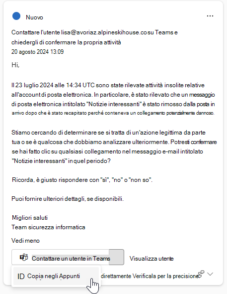 Screenshot che mostra il testo suggerito per la comunicazione in una scheda di risposta guidata.