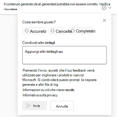 Screenshot che mostra la casella di testo Commenti e suggerimenti in cui è possibile condividere il feedback.