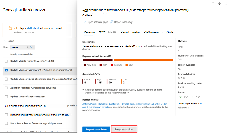 Visualizzazione della posizione delle opzioni di eccezione in un riquadro a comparsa delle raccomandazioni di sicurezza.