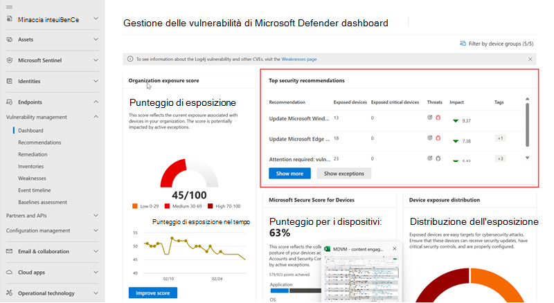 Screenshot del dashboard di gestione delle vulnerabilità con le raccomandazioni sulla sicurezza evidenziate.