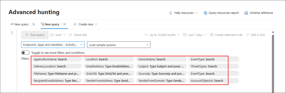 Screenshot del set di filtri di base del generatore di query in modalità guidata