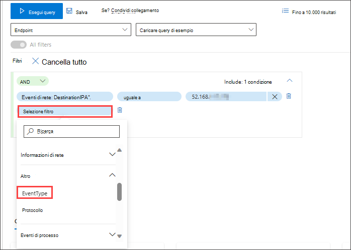 Screenshot del generatore di query in modalità guidata che cerca connessioni riuscite a ip specifico, seconda condizione