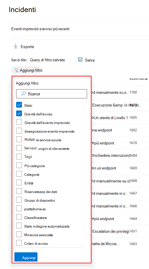 Riquadro Filtri per la coda degli eventi imprevisti nel portale di Microsoft Defender.