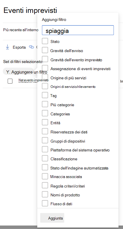 Riquadro Filtri per la coda degli eventi imprevisti nel portale di Microsoft Defender.