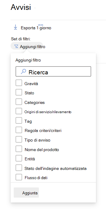 Tutti i filtri disponibili nella coda Avvisi nel portale di Microsoft Defender