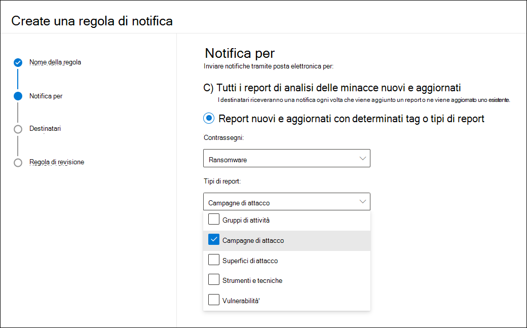 Screenshot della schermata di notifica, con i tag ransomware selezionati e un menu a discesa per i tipi aperti