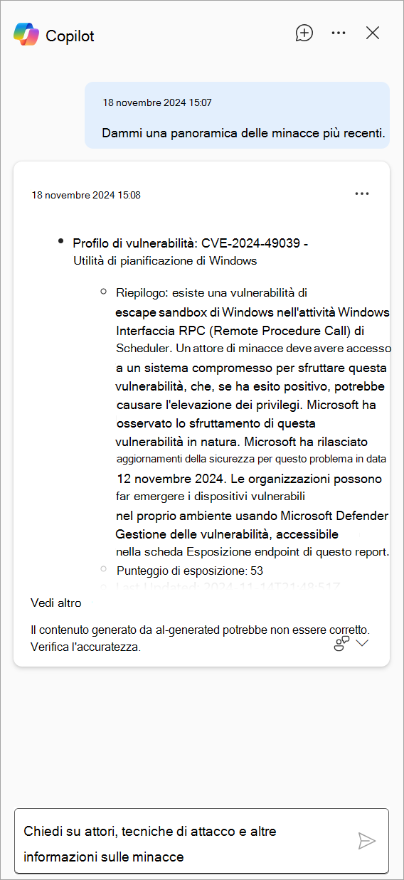 Screenshot che mostra la risposta generata da Copilot in Defender.