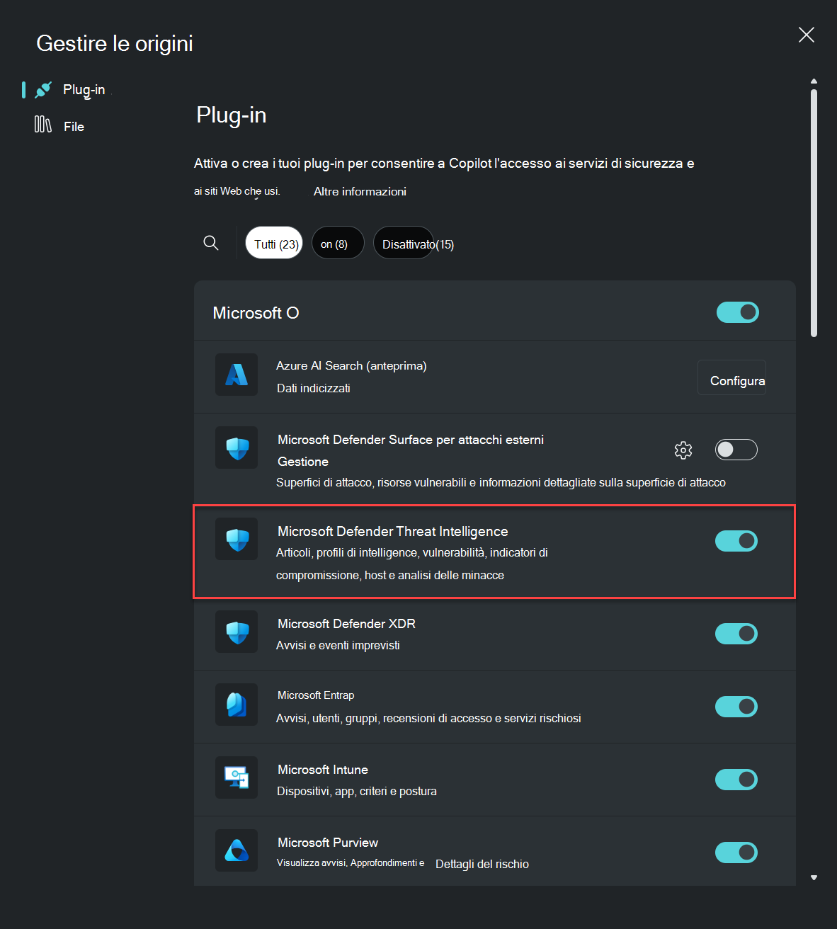 Screenshot della finestra popup Gestisci plug-in con il plug-in Microsoft Threat Intelligence evidenziato.