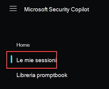 Screenshot che mostra il menu home Microsoft Security Copilot con sessioni personali evidenziate.