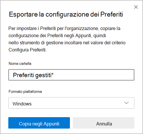 Finestra di dialogo per l'esportazione dei preferiti in una cartella di Windows.