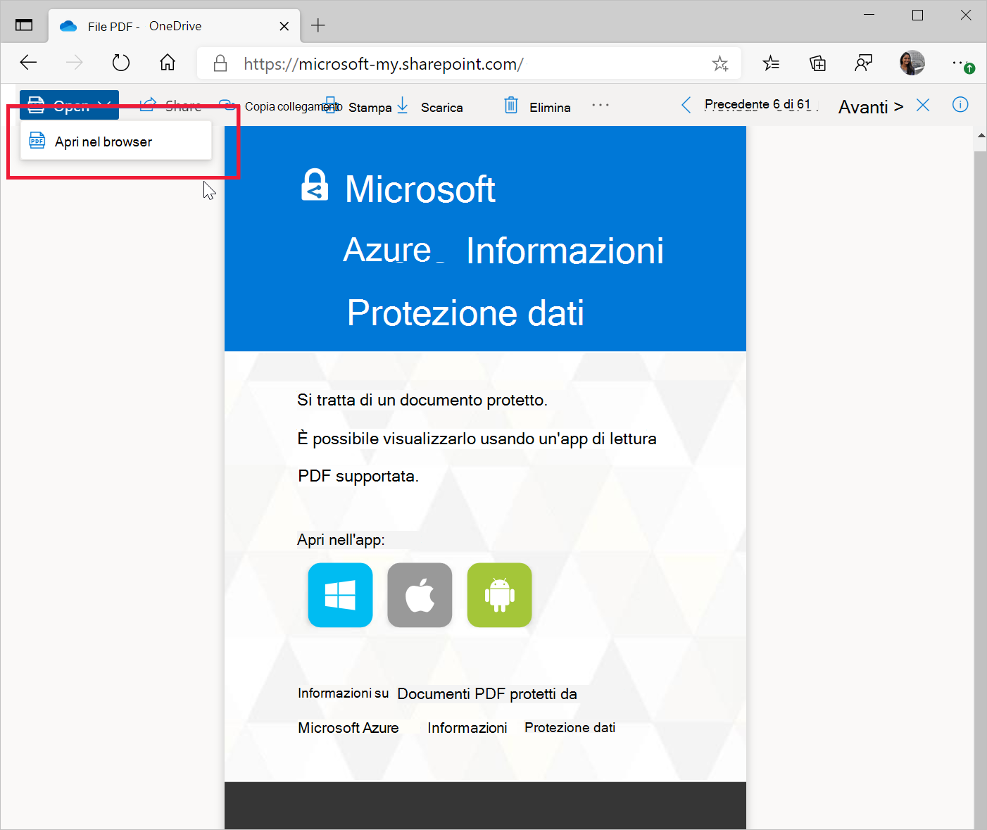 Chiedere conferma per il salvataggio delle pagine PDF di SharePoint protette da MIP