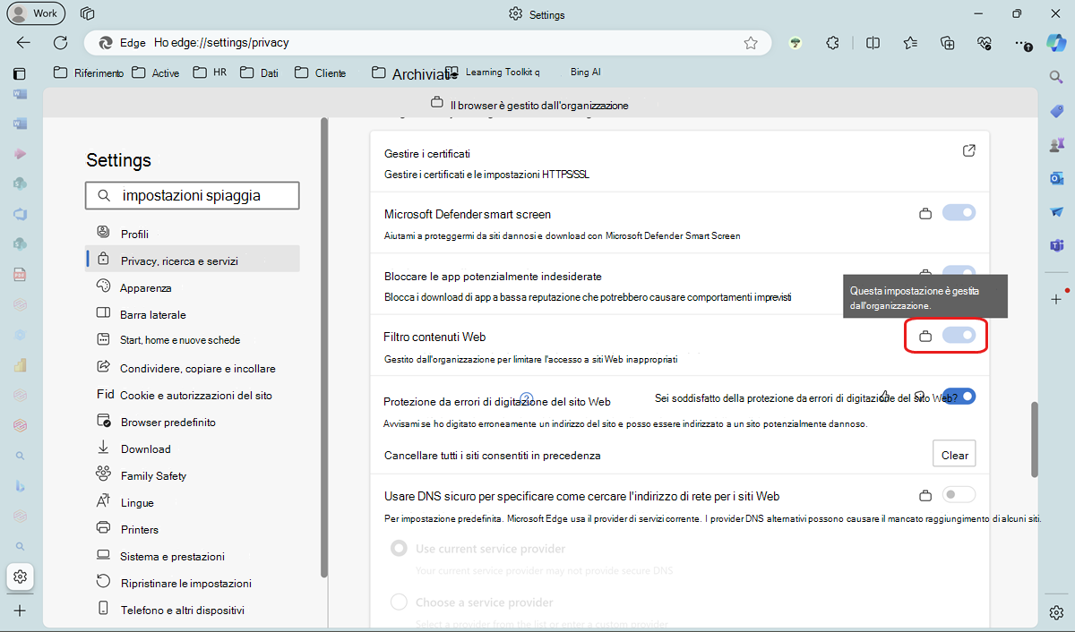 Controllare il filtro contenuto Web in Impostazioni edge.