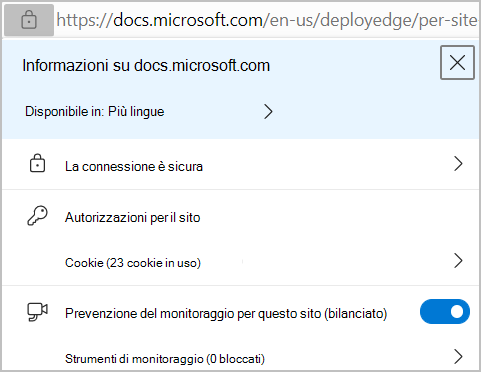 Informazioni sulla pagina e impostazioni per la pagina corrente nel browser.