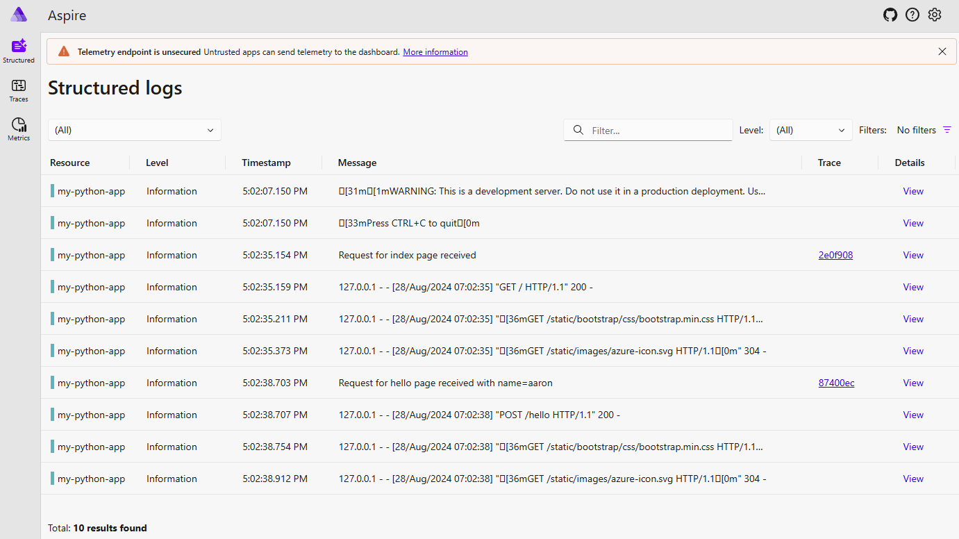 Screenshot of the Aspire dashboard showing the Python application logs