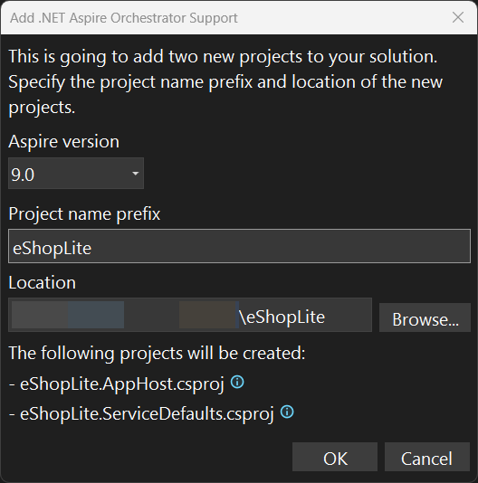 Screenshot della finestra di dialogo di Aggiungi Orchestrator Support .NET.NET Aspire.