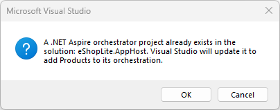 Screenshot che mostra che.NET.NET Aspire Orchestrator è già stato aggiunto.