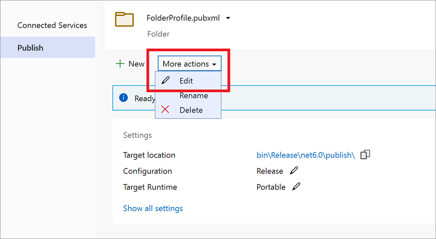 Profilo di pubblicazione di Visual Studio con il pulsante Modifica.