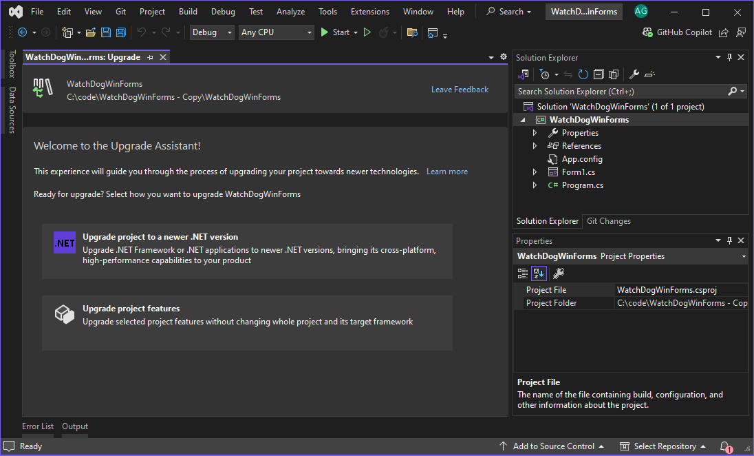 Schermata iniziale dell'Assistente aggiornamento .NET in Visual Studio.