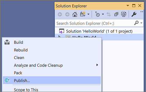 menu di scelta rapida Pubblica di Visual Studio