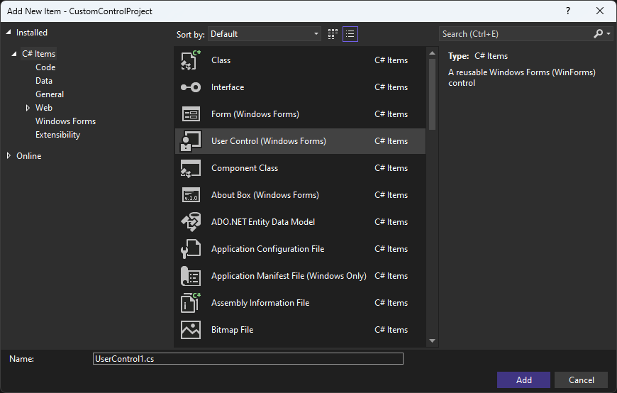 Finestra di dialogo Aggiungi elemento in Visual Studio per Windows Form