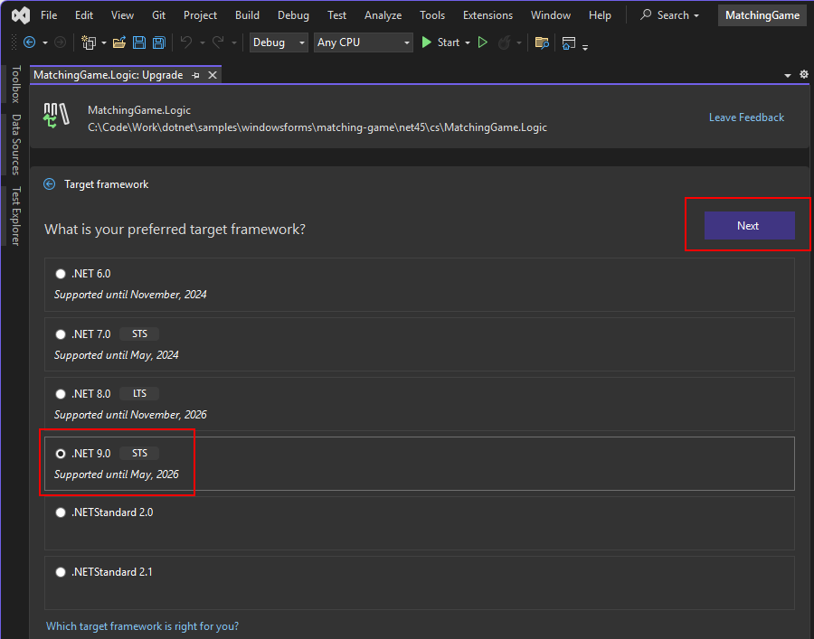 A screenshot of the .NET Upgrade Assistant. The target framework prompt is open and .NET 8 is highlighted along with the 'Next' button.