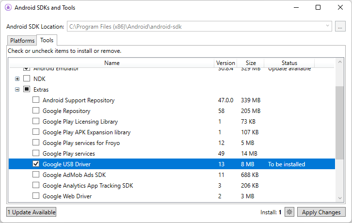 Android SKD Manager con il driver di dispositivo USB di Google selezionato.