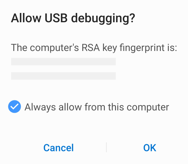 richiesta di attendibilità Android dal computer per l'uso del debug USB.