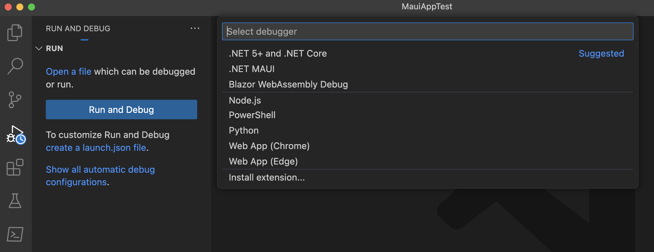 Screenshot del menu di esecuzione e debug in Visual Studio Code