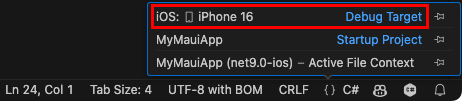 Screenshot della destinazione di debug in Visual Studio Code impostata su un simulatore iOS.