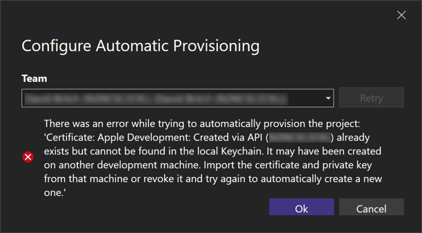 Screenshot dell'errore di provisioning automatico quando non è possibile trovare il certificato.